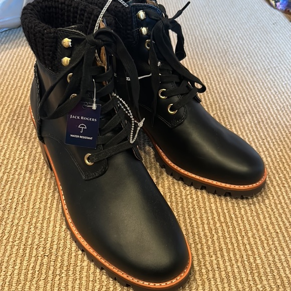 NWT JACK ROGERS Harper hiker knit heeled black leather boots size 9 - Picture 6 of 12